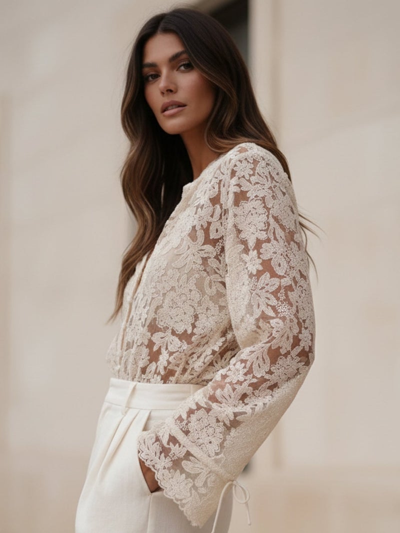 OUTZIDR Cream Bell Sleeve Textured V Neck Mesh Top - Image 2